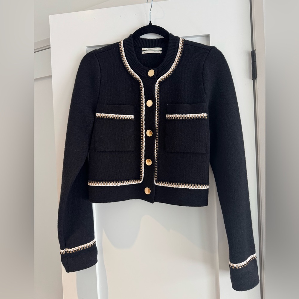 Anthropologie thick knit Cropped Tweed-Trim Cardigan with Gold Buttons